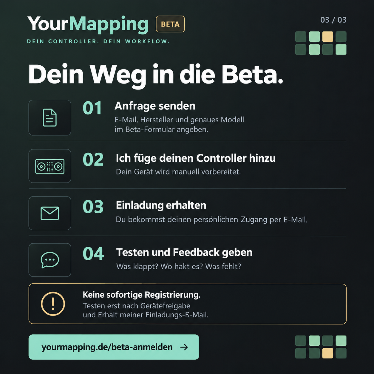 YourMapping Beta: Anfrage mit Controllerangaben senden, manuelle Gerätevorbereitung, Einladungs-E-Mail erhalten und anschließend testen.